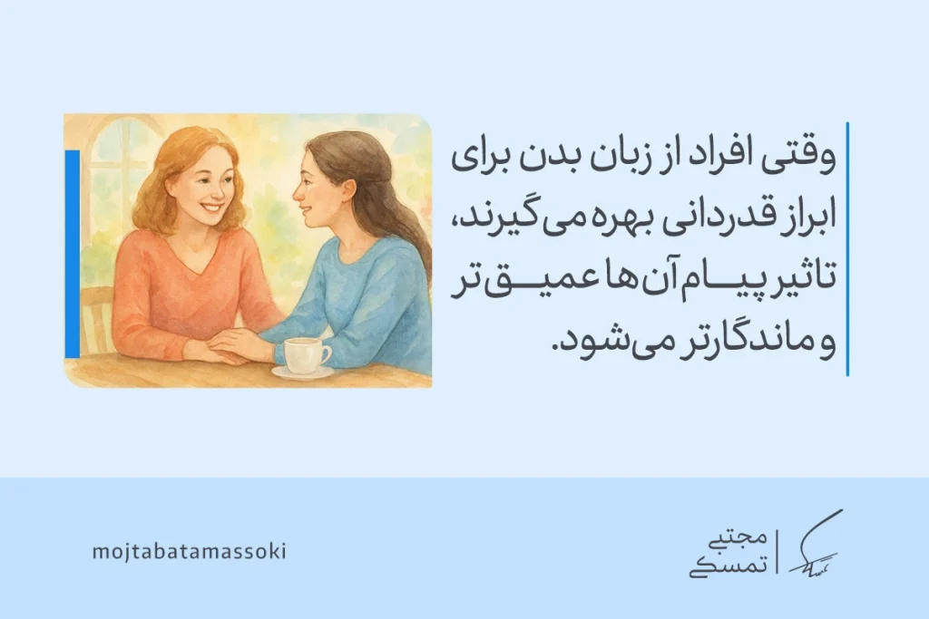 در تصویر دو زن با لبخند و تماس صمیمی در حال گفت‌وگو هستند و نشان می‌دهند که زبان بدن در قدردانی می‌تواند تأثیری عمیق و ماندگار داشته باشد.