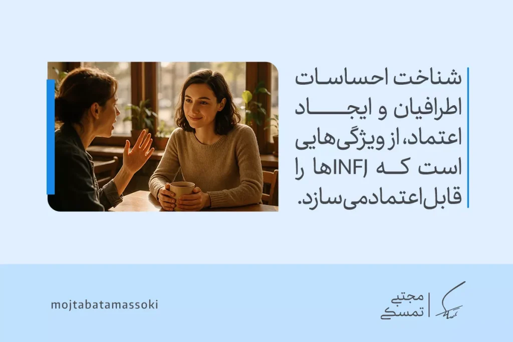 دو زن در محیطی آرام در حال گفت‌وگو و لبخند هستند که نشان می‌دهد تیپ شخصیتی INFJ با همدلی و درک احساسات ارتباطی عمیق ایجاد می‌کند.