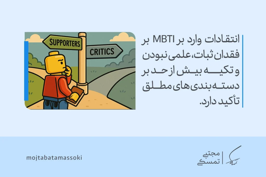 عکس آدمک زرد ایستاده در دو راهی با تابلوی منتقدان و حامیان که به تیپ شخصیتی mbti اشاره دارد و بیانگر تردید و تفکر انتقادی است.