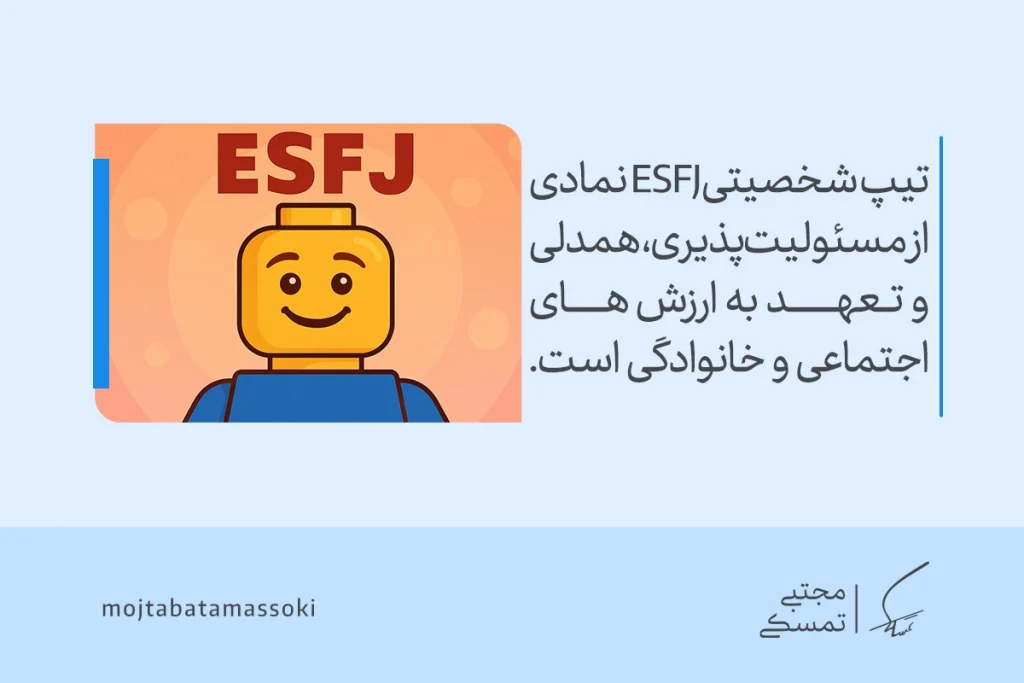 عکس آدمک زرد با لبخند دوستانه و لباس آبی که تیپ شخصیتی mbti نوع ESFJ را نمایش می‌دهد و بیانگر همدلی و مسئولیت‌پذیری است.