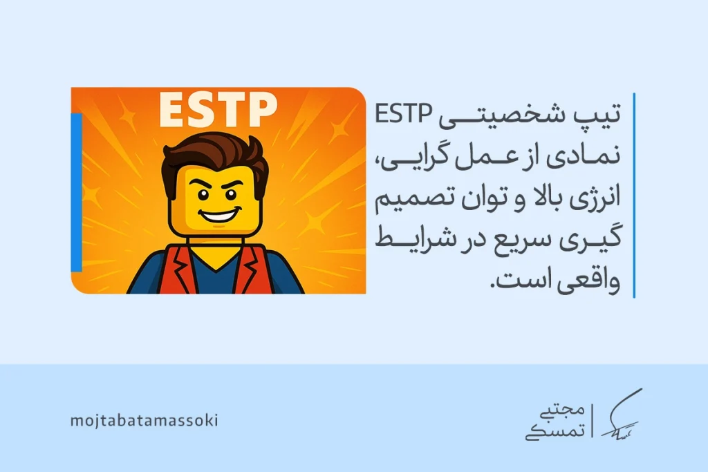 عکس آدمک زرد با موهای قهوه‌ای و لبخند پرانرژی که تیپ شخصیتی mbti نوع ESTP را نمایش می‌دهد و بیانگر عمل‌گرایی و تصمیم‌گیری سریع است.