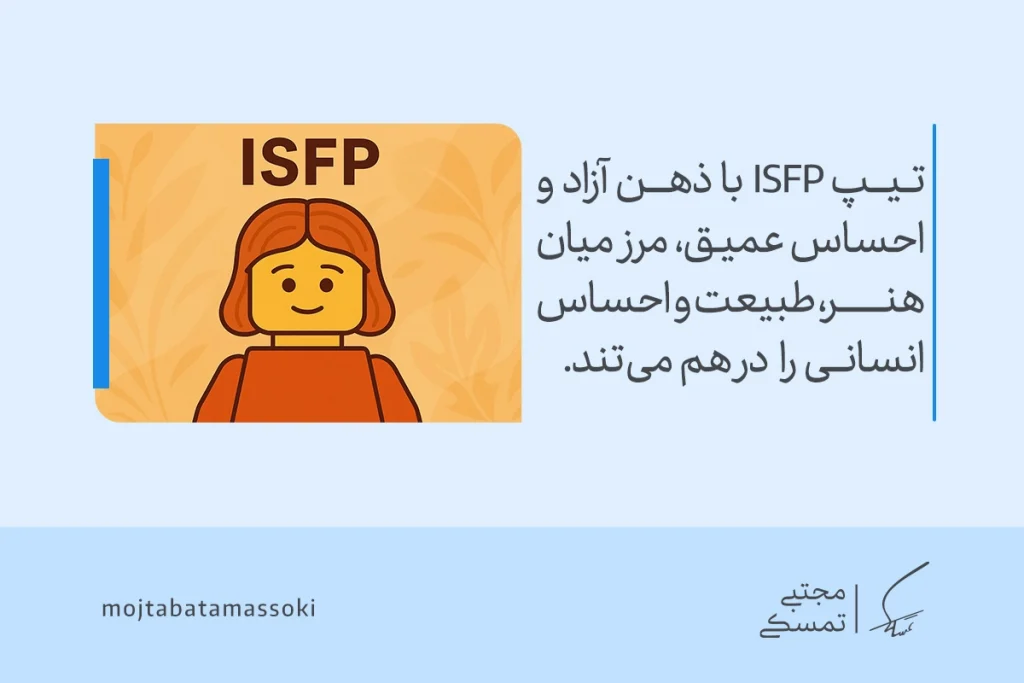 عکس آدمک زرد با موهای قهوه‌ای و لبخند آرام که تیپ شخصیتی mbti نوع ISFP را نمایش می‌دهد و بیانگر ذهن آزاد و احساس عمیق است.