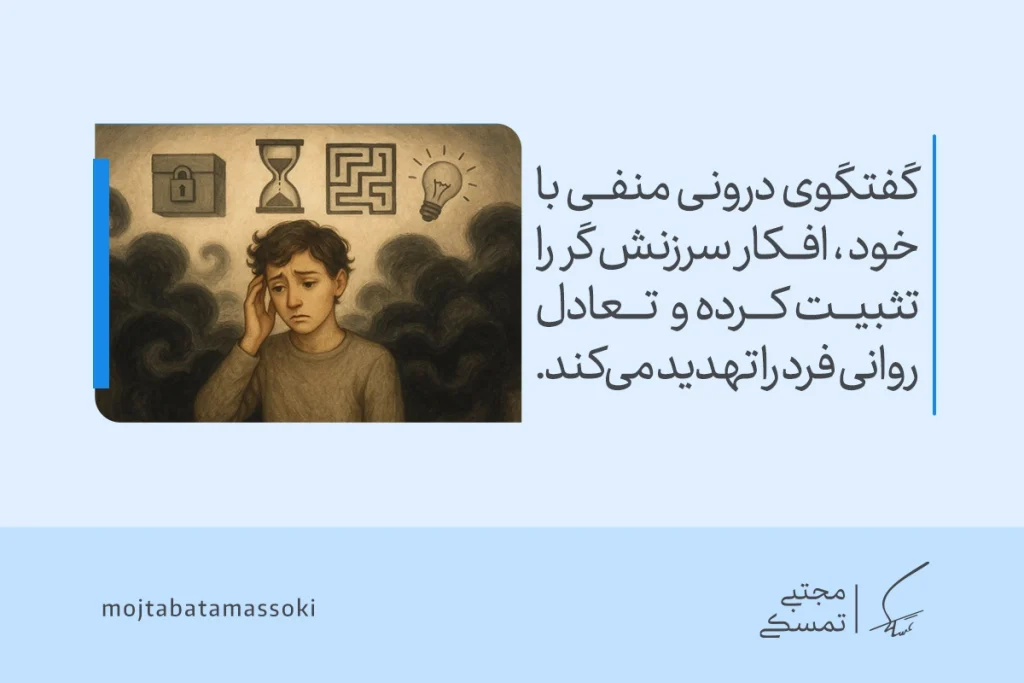 مردی غمگین در میان ابرهای تیره گرفتار تفکر منفی است و با گفت‌وگوی درونی منفی، دچار فشار ذهنی و تهدید تعادل روانی می‌شود.