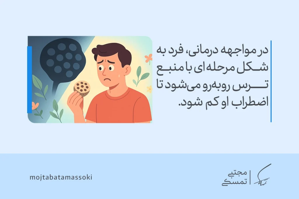 مردی نگران در حال نگاه به شیء ترسناک نماد مواجهه درمانی است که راه مقابله با ترس و اضطراب را نشان می‌دهد.