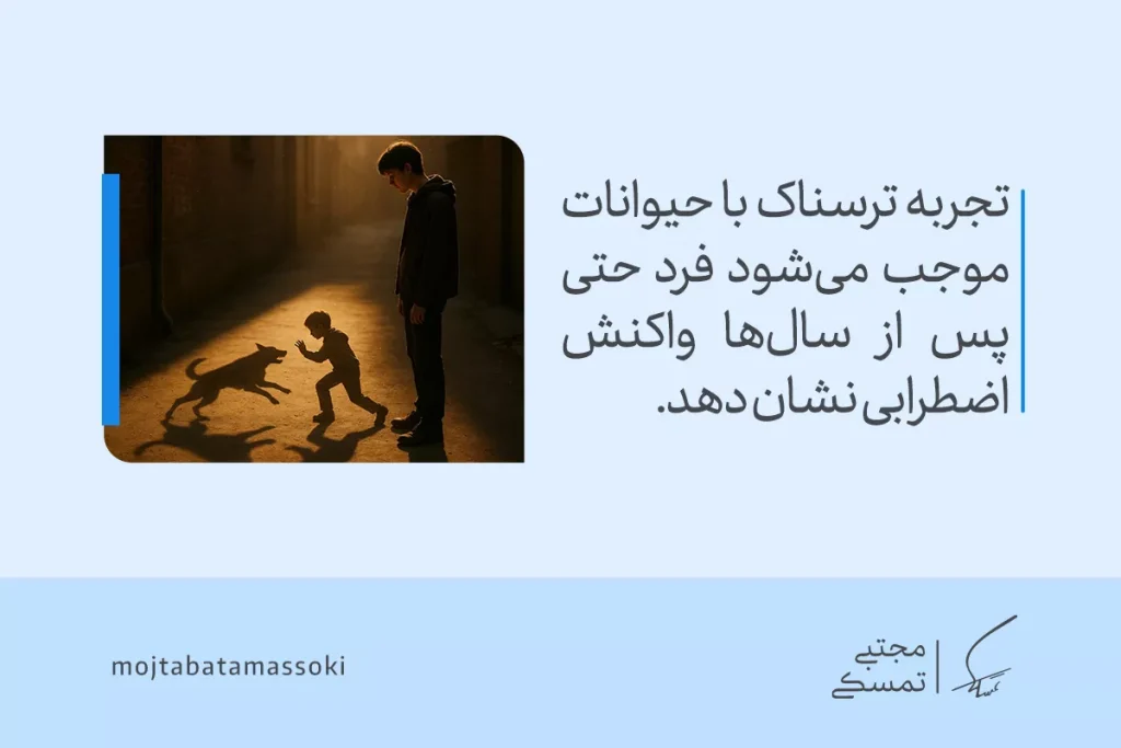 کودکی در برابر سگ در حال پارس کردن می‌ترسد و مردی کنارش ایستاده و نشان می‌دهد تجربه‌های کودکی می‌توانند ترس از حیوانات ایجاد کنند.