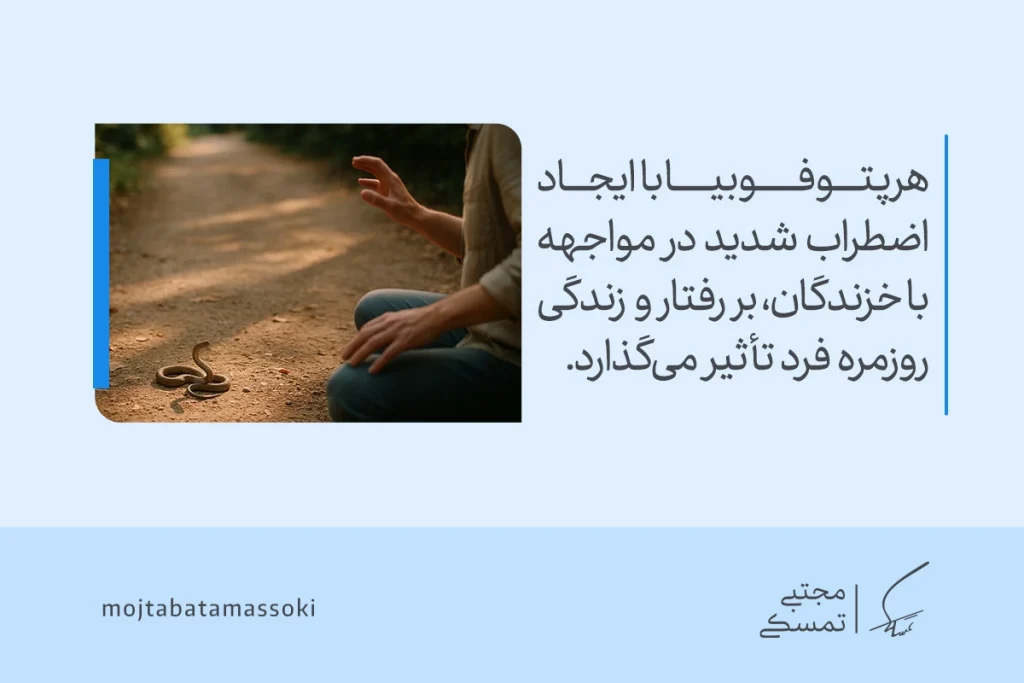 فردی در مسیر خاکی با دیدن مار عقب می‌کشد و واکنش اضطرابی شدیدی نشان می‌دهد که بیانگر ترس از حیوانات و خزندگان است.