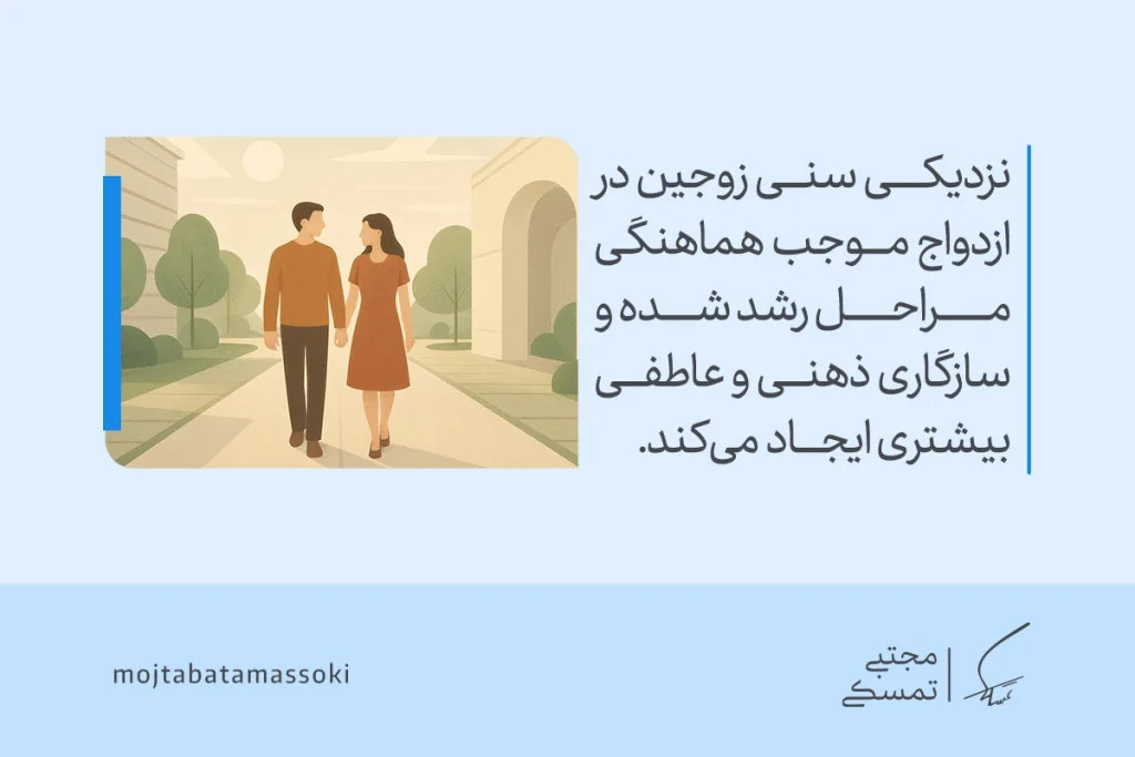 تصویری از زوجی هم‌سن در حال قدم‌زدن که نشان می‌دهد اختلاف سنی در ازدواج با نزدیکی مراحل رشد،سازگاری ذهنی و عاطفی بیشتری ایجاد می‌کند.