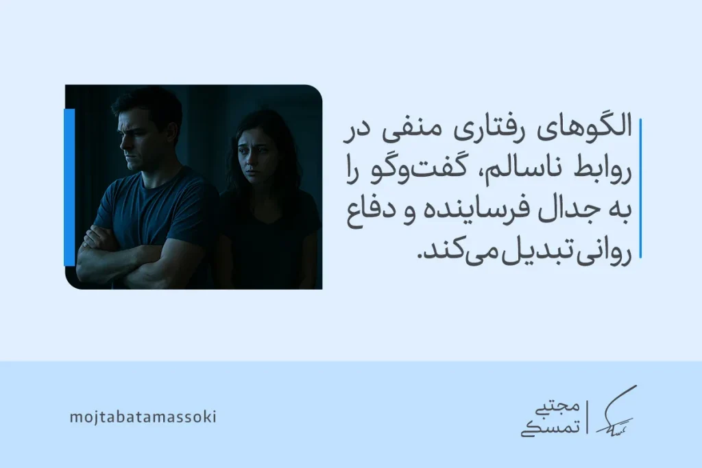 این تصویر زوجی سرد را نشان می‌دهد که الگوهای رفتاری منفی در روابط ناسالم باعث می‌شود تفاوت رابطه سالم و ناسالم به جدال فرساینده تبدیل شود.