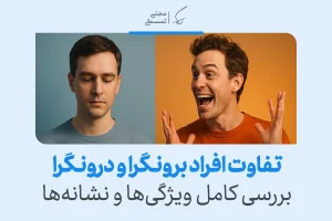 نمایی از چهره آرام درون‌گرا و هیجان برون‌گرا ویژگی‌ها و نشانه‌های رفتاری را بازتاب می‌دهد و تفاوت برونگرا و درونگرا را نشان می‌دهد.
