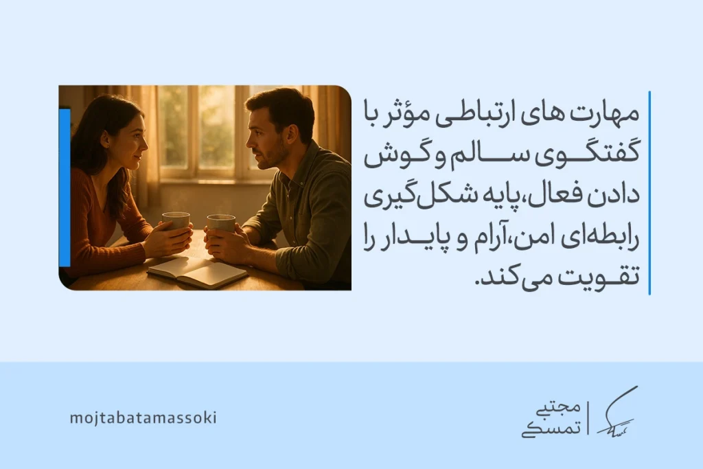 تصویر گفتگوی صمیمی زن و مرد با فنجان قهوه که مهارت‌های ارتباطی سالم،رابطه امن آرام و پایدار را تقویت می‌کند.