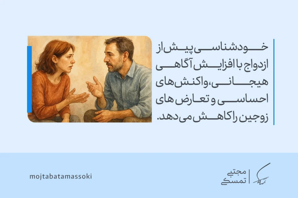 تصویری از گفت‌وگوی زوجی درگیر که نشان می‌دهد خودشناسی پیش از ازدواج با افزایش آگاهی هیجانی و شناخت قبل از ازدواج تعارض‌های زوجین را کاهش می‌دهد.