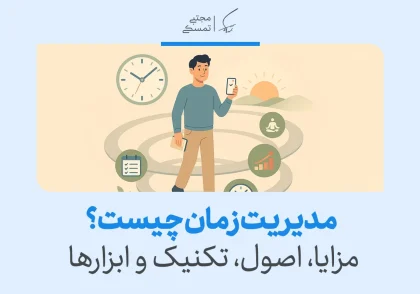 مردی در مسیر برنامه‌ریزی میان نمادهای کار و آرامش قدم می‌زند و نشان می‌دهد مدیریت زمان چگونه مسیر دستیابی به بهره‌وری را فراهم می‌سازد.