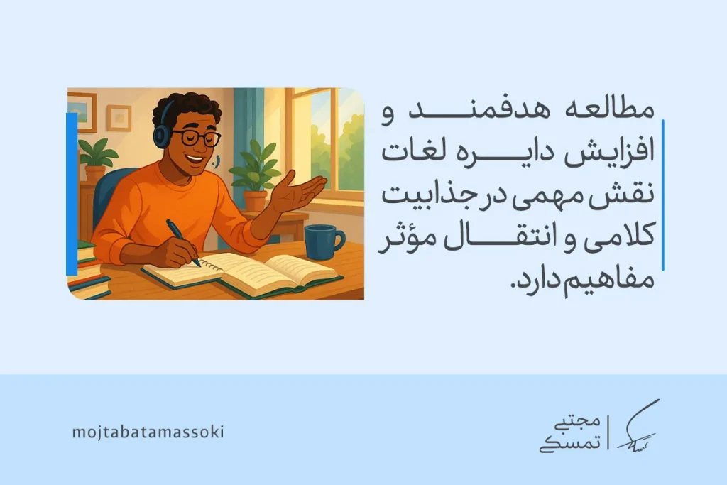 تصویر فردی در حال مطالعه هدفمند و یادداشت‌برداری که با افزایش دایره لغات، بیان مؤثر و جذابیت کلامی را تقویت می‌کند.