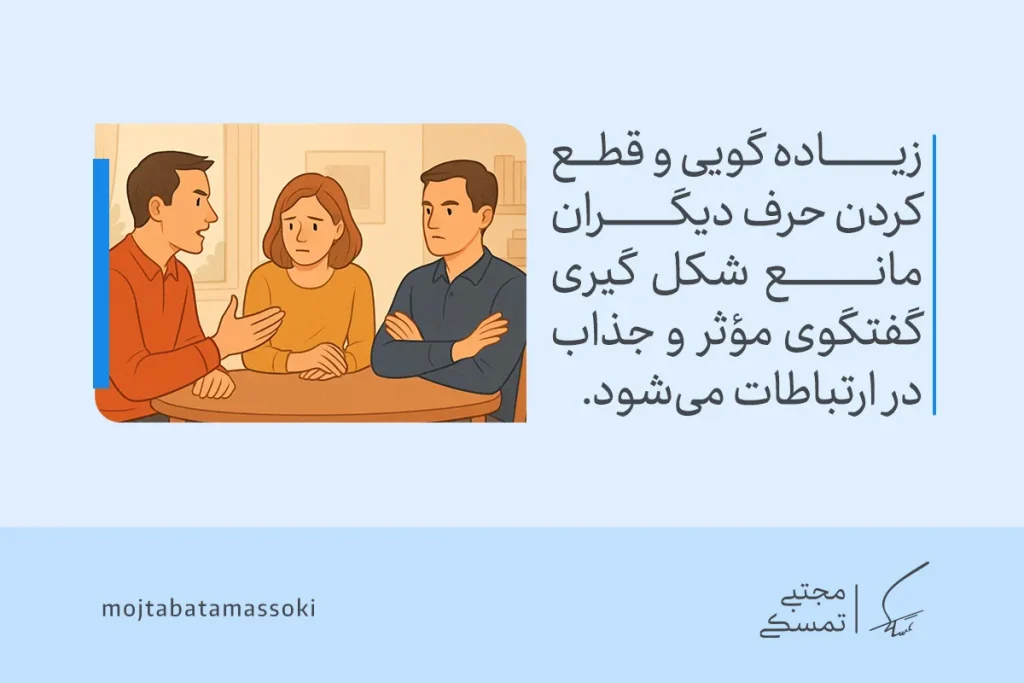 تصویر گفت‌وگوی سه نفره که نشان می‌دهد گوش‌دادن فعال و قطع نکردن صحبت دیگران، جذابیت کلامی را در ارتباط تقویت می‌کند.