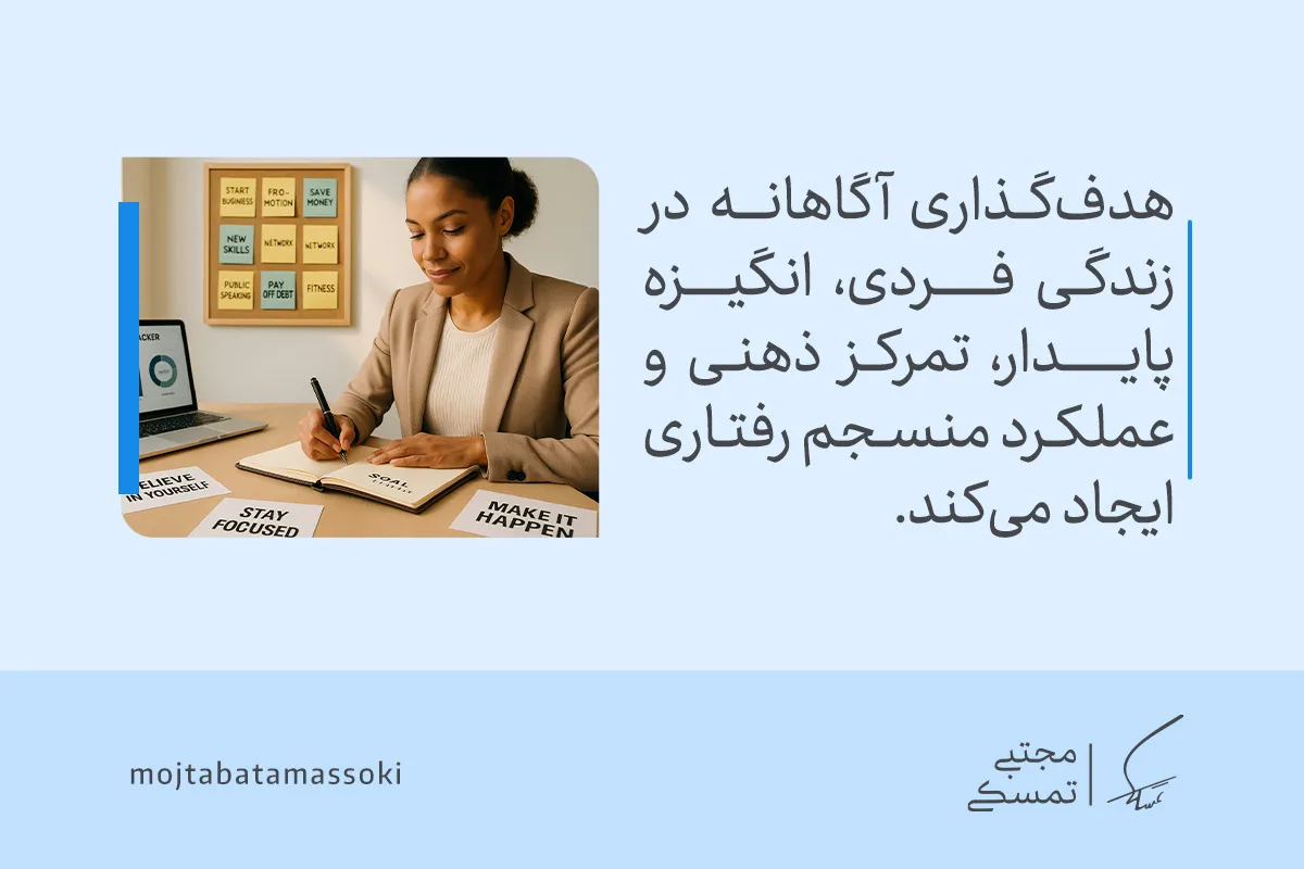 تصویر زنی در حال نوشتن برنامه شخصی که با تعیین هدف آگاهانه، تمرکز ذهنی، انگیزه پایدار و نظم رفتاری را تقویت می‌کند.