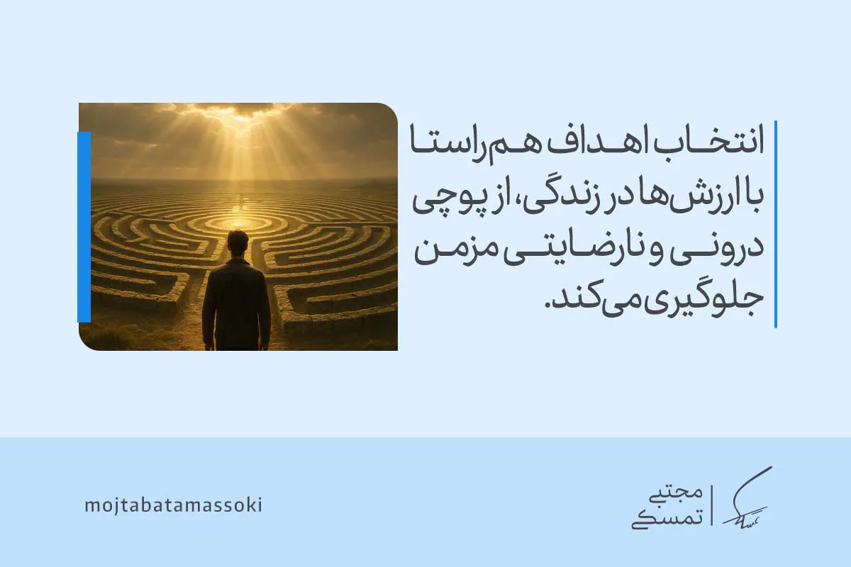 فردی روبه‌روی مسیر مارپیچ با نور پیش‌رو ایستاده که انتخاب اهداف هم‌راستا با ارزش‌ها پوچی درونی را کم می‌کند و معنای واقعی زندگی را آشکار می‌کند.