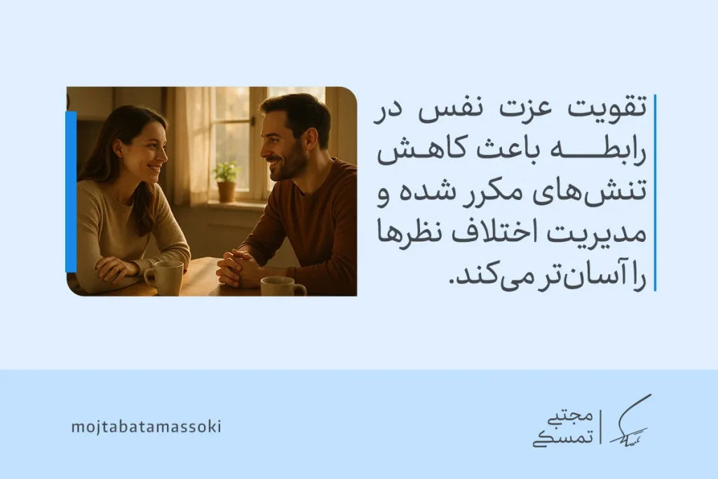 تصویر گفتگوی زن و مرد با فنجان قهوه که نشان می‌دهد عزت نفس در رابطه تنش‌ها را کاهش داده و مدیریت اختلاف را آسان می‌کند.