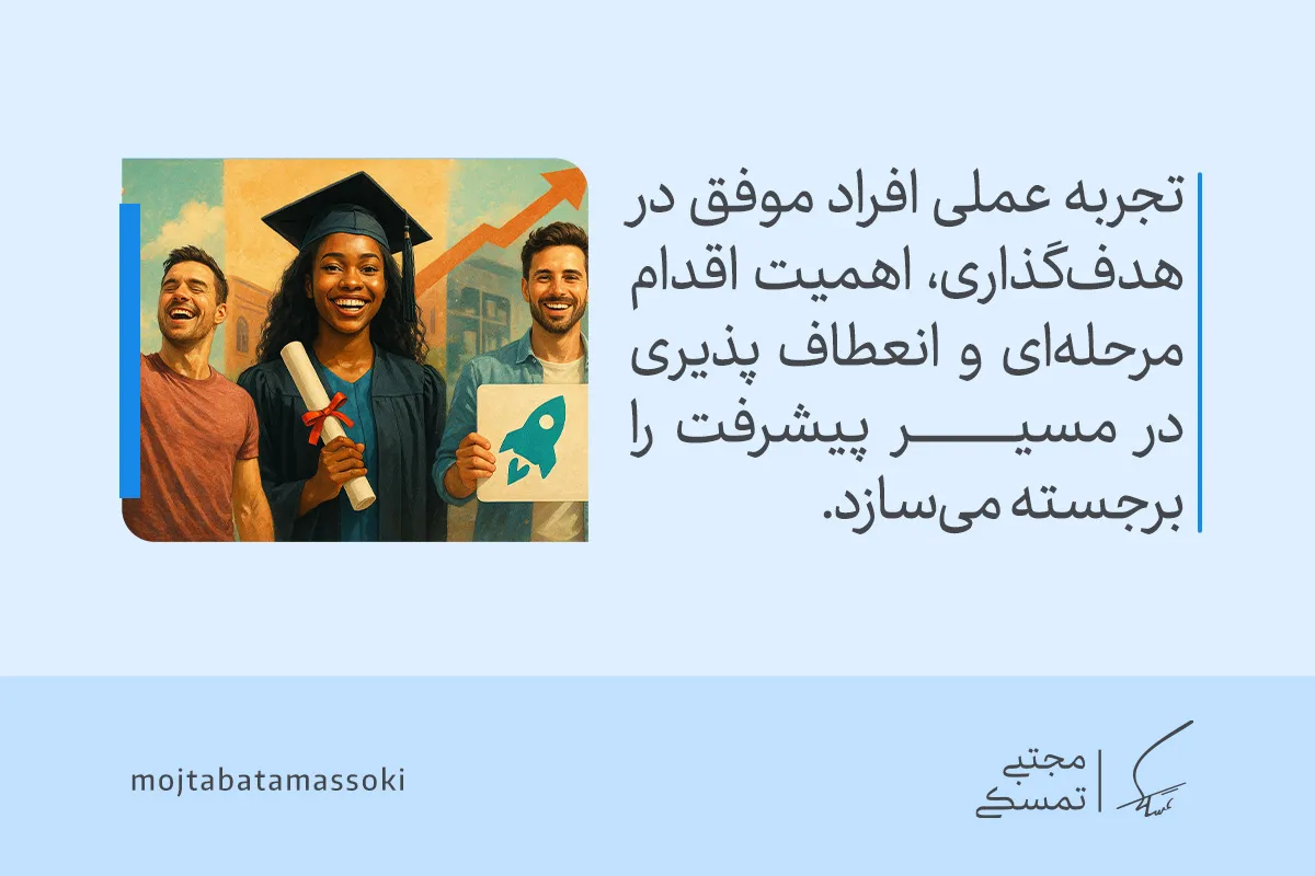 تصویری از افراد موفق و شاد که هدف گذاری در زندگی را با اقدام مرحله‌ای، انعطاف‌پذیری و حرکت پیوسته تجربه می‌کنند.